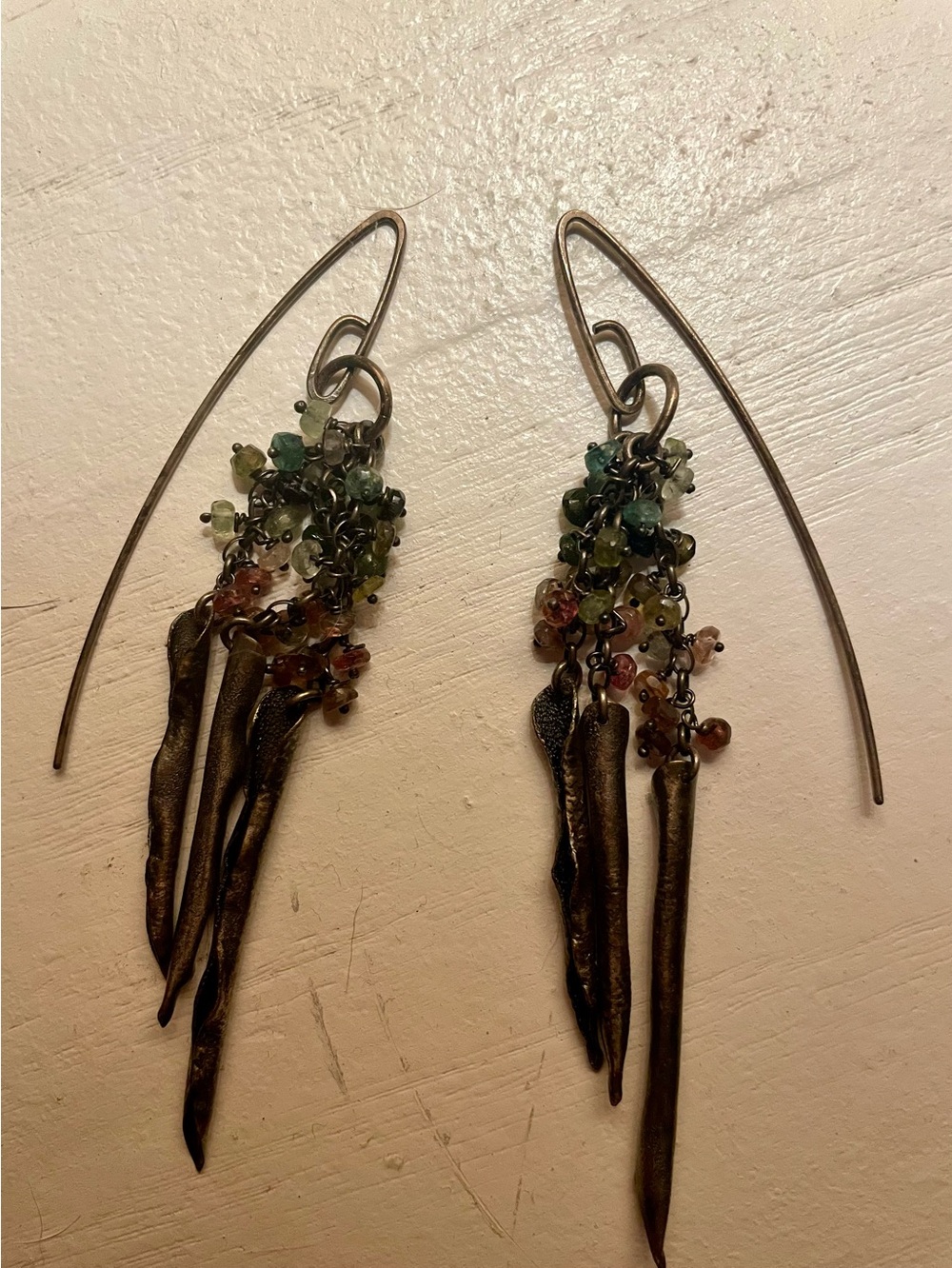 Handcrafted Artisan Oxidized Sterling Multicolor Gem Cluster Dangle Earrings